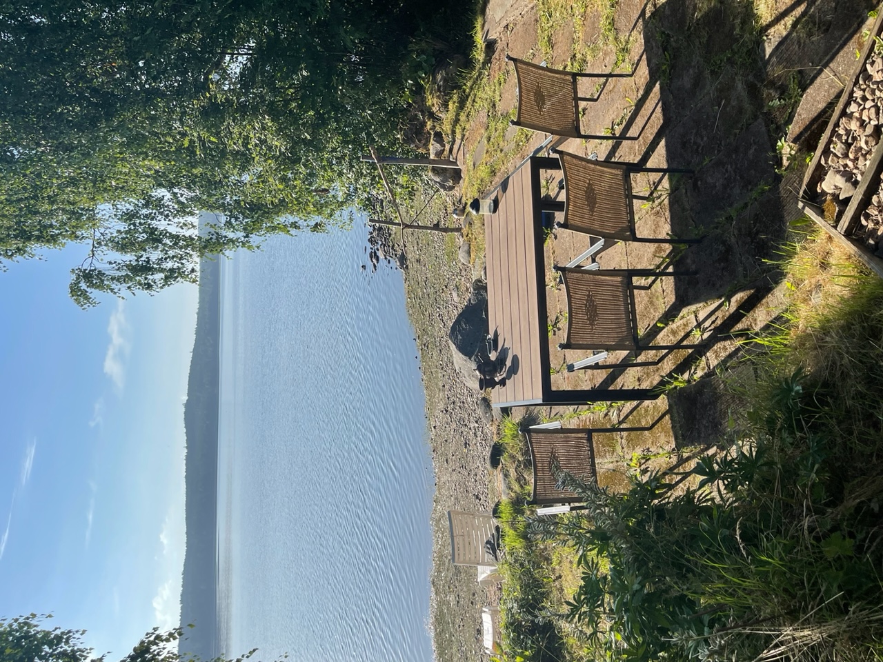 Vy över utemöbler, stand och sjö