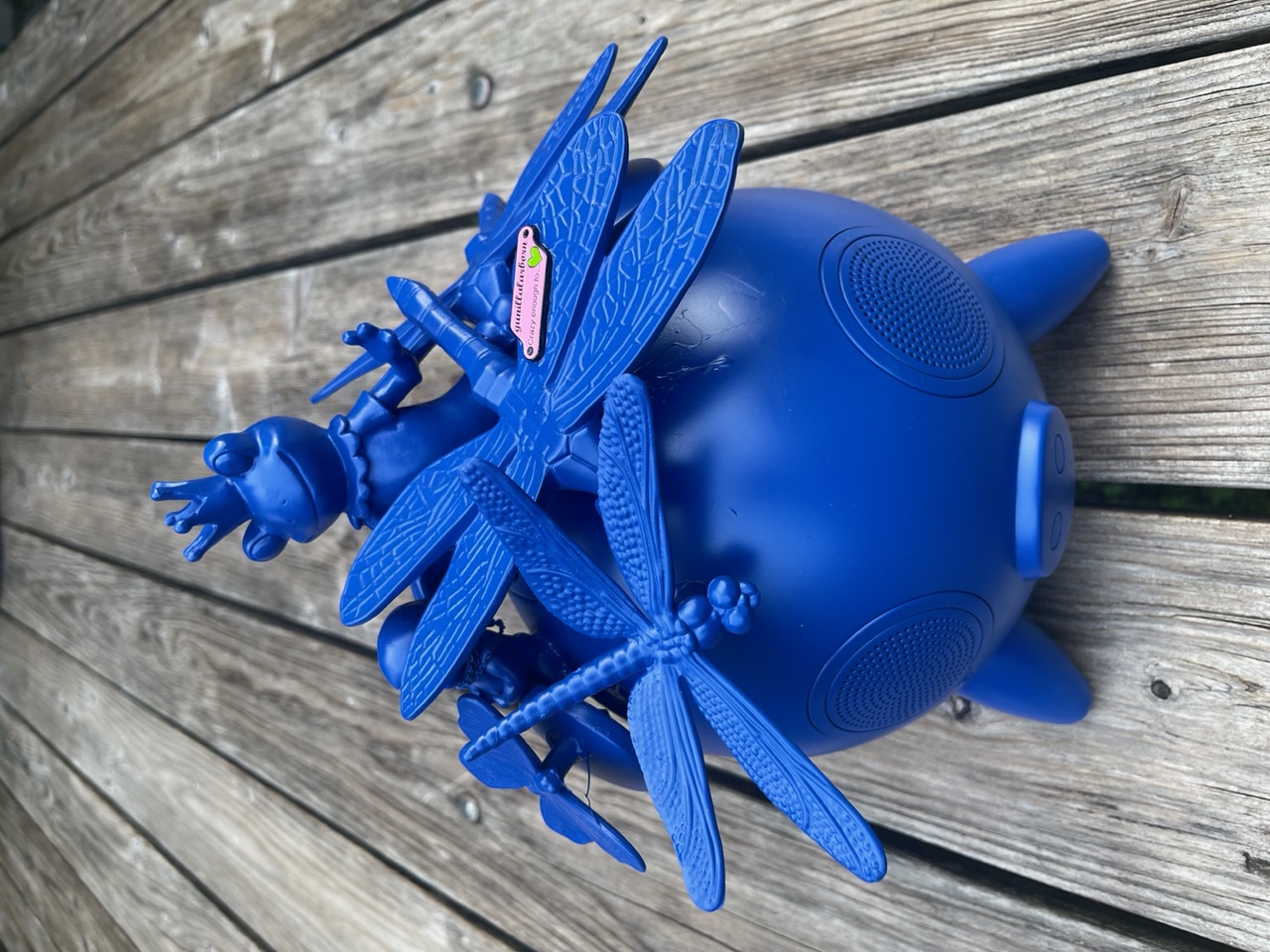 Blå skulptur av gris-formad högtalare, en groda och trollsländor