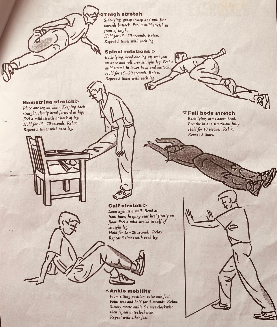 Bild med beskrivning på utförande av stretching av flera olika kroppsdelar